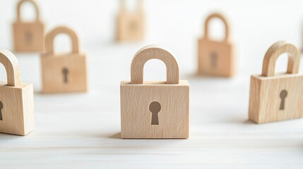Poster - cybersecurity framework concept. wooden padlocks arranged on a light background, symbolizing securit