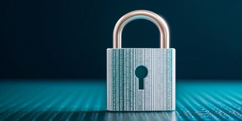Poster - cybersecurity framework concept. a metallic padlock on a digital background symbolizing security and