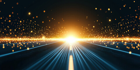Poster - futuristic scene with glowing particles and light rays creating depth