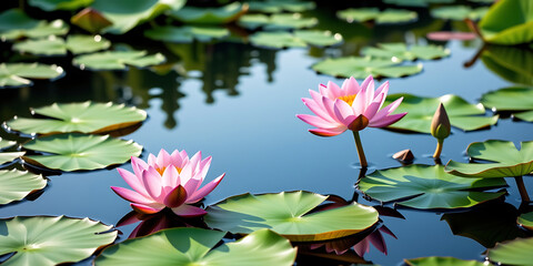 Wall Mural - Lotus Pond Reflection - A tranquil pond with lotus flowers and their reflections on the water. backdrop background digital art crisp oilpinting minimalist sharp details funny background copyspace