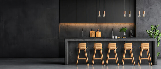 Wall Mural - modern kitchen island with polished concrete and wooden stools, creating sleek atmosphere