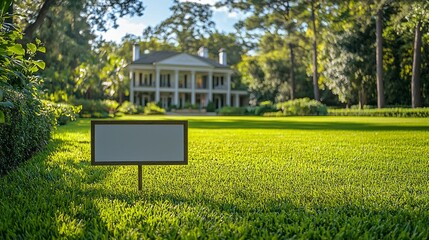 Poster - A white sign is on a post in a grassy field