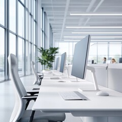 Poster - Modern Bright Office Interior Featuring Minimalist Desks with Computers, Ergonomic Chairs, Large Windows, and Green Plants for a Productive Work Environment