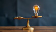 © zhor - Balance in Business - A scale balancing an idea bulb on one side and coins on the other. background copyspace