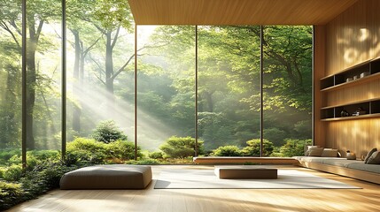 Poster - Tranquil Minimalist Living Room with Panoramic Forest View and Natural Light : Generative AI