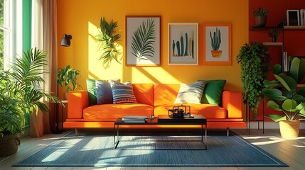 Poster - Modern Living Room with Vibrant Orange Interior and Green Plant Decor : Generative AI