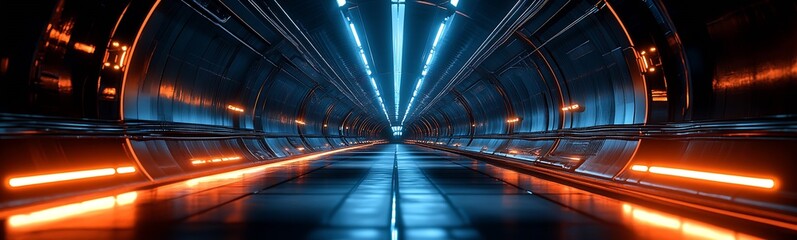 Aufkleber - Futuristic Sci-Fi Tunnel with Blue and Orange Neon Lights Perspective View : Generative AI