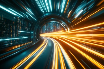 Poster - Futuristic Tunnel With Speeding Neon Lights In A Modern Sci-Fi Cityscape : Generative AI