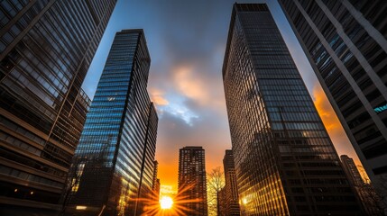 Wall Mural - a stunning sunset between modern skyscrapers, reflecting vibrant colors and urban beauty.