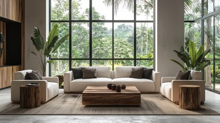 Poster - A living room with a white couch and two chairs