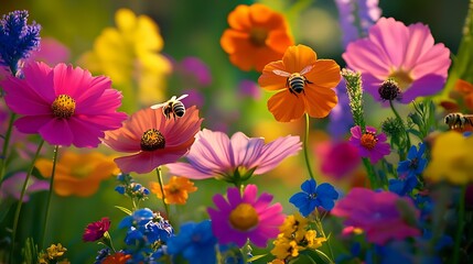 Poster - Vibrant Spring Garden with Colorful Flowers and Bees in Full Bloom Capturing the Essence of Nature : Generative AI