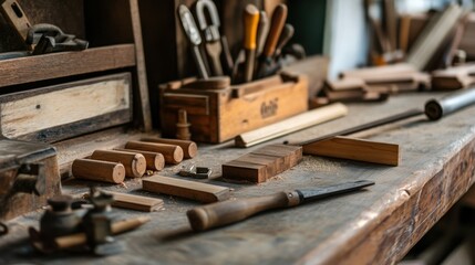 Wall Mural - A detailed woodworking station, Tools and wooden pieces neatly arranged on a workbench, Rustic craft style