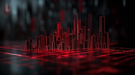Aufkleber - Futuristic Red and Black Digital Cityscape with Grid Overlay in Neon Light : Generative AI