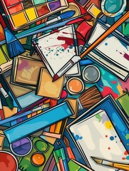 Aufkleber - Art supplies including brushes, paints, and sketchbooks arranged on a colorful table for creative activities. Generative AI