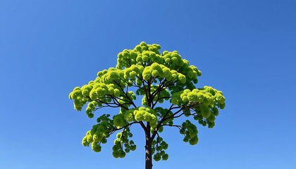 Wall Mural - Tree Background: A lush green tree standing tall against a bright blue sky its branches reaching out in perfect symmetry symbolizing growth and strength. background copyspace