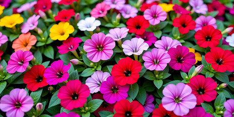 Wall Mural - Petunia Garden Magic - A garden full of vibrant petunias in various bright colors. backdrop background digital art crisp oilpinting minimalist sharp details funny background copyspace