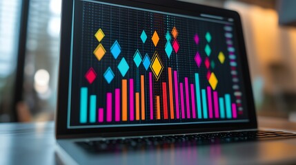 Aufkleber - Computer Screen Displaying Colorful Geometric Shapes on Graph for Data Analysis Visualization : Generative AI