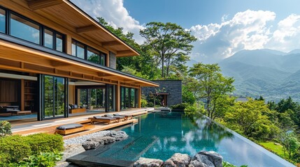 Wall Mural - A large house with a pool and a mountain in the background