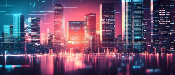 Aufkleber - Futuristic Cyberpunk Cityscape at Night with Neon Skyline Reflections : Generative AI