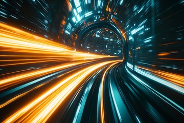 Aufkleber - Futuristic neon city tunnel with vibrant light trails and fast motion effect : Generative AI