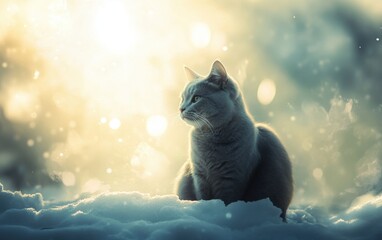Poster - Beautiful gray cat sitting on the snow, snowflakes falling in front of it, sunlight shining through them, photorealistic, beautiful, dreamy, cinematic, bright, atmospheric.