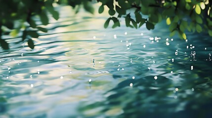 Poster - Peaceful Rippling Water Surface with Overhanging Green Leaves : Generative AI