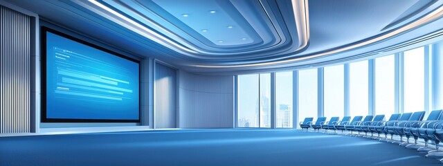 Poster - modern spacious conference room with blue accents and large screen suitable for presentations and me