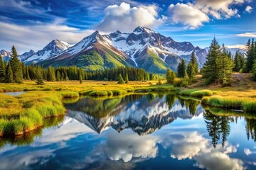 Wall Mural - stunning mountain landscape with pond reflecting mont blanc in background