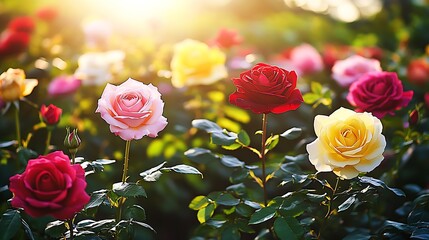 Poster - Sunlit Garden of Vibrant Roses in Full Bloom Brighten the Morning : Generative AI