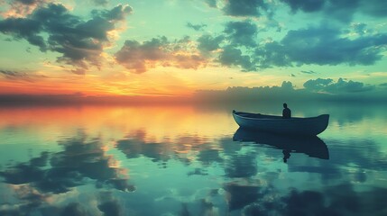Poster - Tranquil Sunset Over Lake with Lone Boat Reflecting Colors of Sky and Water : Generative AI
