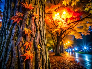 Wall Mural - Long Exposure Maple Tree Bark Photography - Autumn Nature Scene, Night Photography, Detailed Texture