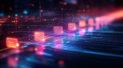 Aufkleber - Futuristic Digital Network with Glowing Data Pathways and Abstract Communication Nodes : Generative AI