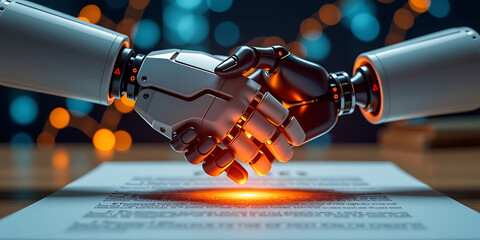 Wall Mural - The Deal Maker - Two robotic hands shaking over a glowing virtual contract. backdrop background digital art crisp oilpinting minimalist sharp details funny background copyspace