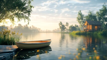 Poster - Peaceful Lakeside Cabin with Boat Dock Amidst Verdant Trees at Sunrise : Generative AI