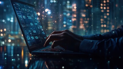 Poster - Hands typing on laptop with data graphics; city lights blurred background.