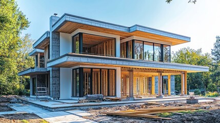 Poster - A large house is being built with a lot of windows