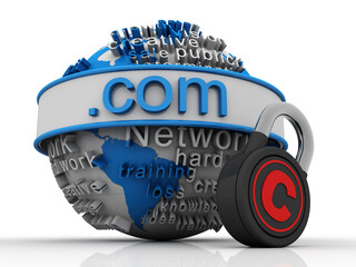Fototapete - 3d illustration globe with word dot com protection copyright lock