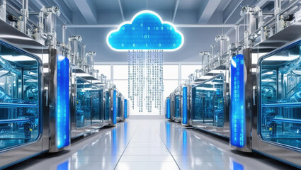 Poster - smart factory floor featuring automated machinery with glowing blue elements and cloud symbol emitting binary code streams, representing advanced technology and connectivity