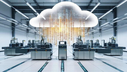 Poster - smart factory floor featuring automated machinery and glowing binary code streams, symbolizing advanced technology and connectivity in manufacturing