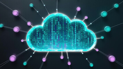 Poster - cloud shaped hologram glowing with swirling binary code, surrounded by interconnected nodes in dark space, evokes sense of digital innovation and connectivity