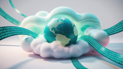 Poster - vibrant digital globe surrounded by binary code streams flowing into glowing cloud, symbolizing global data integration and connectivity in digital age