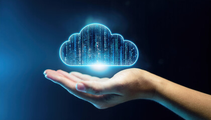 Poster - conceptual hand holding glowing cloud filled with binary code streams, symbolizing digital technology and data storage