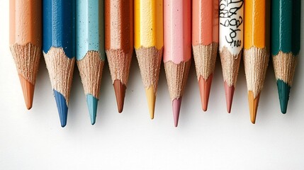 Poster - Vibrant and colorful pencils neatly arranged in a symmetrical pattern on a clean white background providing ample copy space for various applications such as education design art or crafting