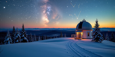 north pole observatory - an observatory with telescopes pointed at magical christmas constellations.