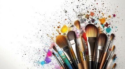 Poster - Flat lay composition featuring an assortment of paintbrushes of various sizes and shapes arranged on a wooden table surrounded by vibrant splashes of watercolor paint in a workspace setting