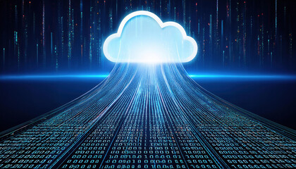 Poster - digital cloud emitting streams of binary code, symbolizing data flow and connectivity in futuristic landscape. glowing cloud represents advanced technology and innovation
