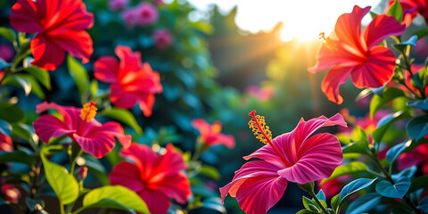 Wall Mural - Tropical Hibiscus - Tropical hibiscus flowers glowing under the sun in a lush exotic garden. backdrop background digital art crisp oilpinting minimalist sharp details funny background copyspace