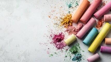 Poster - A collection of soft pastel chalk sticks scattered across a white background with faint colorful marks and traces surrounding them  The image showcases the medium of pastel chalk in a minimalist