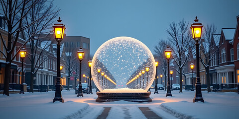 Wall Mural - Snow Globe Street - A street with giant snow globe lampposts. backdrop background digital art crisp oilpinting minimalist sharp details funny background copyspace