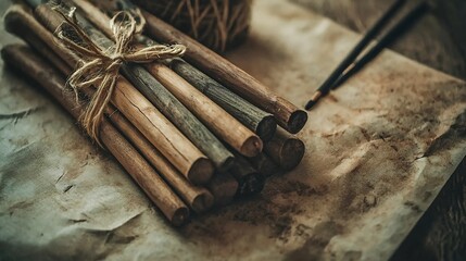 Poster - A set of charcoal sticks and smudging tools arranged on a textured drawing paper background creating a moody and still life composition with soft shadows